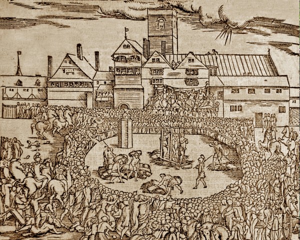 Woodcut of the burning of Anne Askew